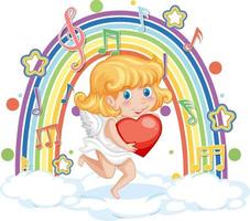 cupid flicka håller hjärta med melodisymboler på regnbågen vektor