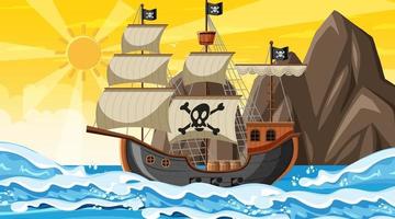 Ozean mit Piratenschiff bei Sonnenuntergangzeitszene im Karikaturstil vektor