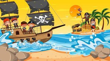 Schatzinselszene bei Sonnenuntergang mit Piratenkindern auf dem Schiff vektor