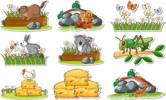 klistermärke med olika vilda djur och naturelement vektor