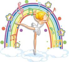 Ballerina tanzt auf der Wolke mit Melodiesymbolen auf Regenbogen vektor