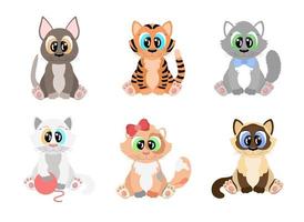 Cartoon-Katzen eingestellt. süße Kätzchen verschiedener Rassen mit großen Augen vektor