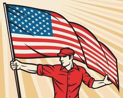 Arbeiter, der USA-Flagge hält vektor