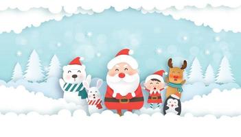 julbanner med en söt jultomte och vänner i pappersklipp. vektor