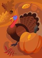 Poster mit Truthahn und Kürbis. Thanksgiving Day Postkartendesign. vektor