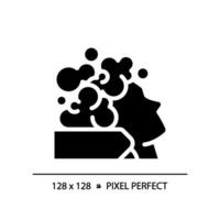 2d Pixel perfekt Frau mit Haar waschen Glyphe Stil Symbol, isoliert Vektor, Haarpflege einfach schwarz Silhouette Illustration. vektor