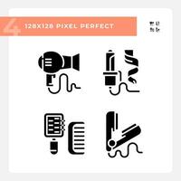 Pixel perfekt Glyphe Stil Symbole Pack Darstellen Haarpflege, einfach schwarz Silhouette Illustration. vektor