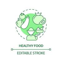 gesund Essen Grün Konzept Symbol. Essen Gewohnheit. örtlich gewachsen. organisch Landwirtschaft. nachhaltig Landwirtschaft. Farmer Markt. runden gestalten Linie Illustration. abstrakt Idee. Grafik Design. einfach zu verwenden vektor