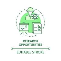 Forschung Chancen Grün Konzept Symbol. Universität Student. landwirtschaftlich Wissenschaft. Hochschule Programm. Labor Wissenschaftler. runden gestalten Linie Illustration. abstrakt Idee. Grafik Design. einfach zu verwenden vektor