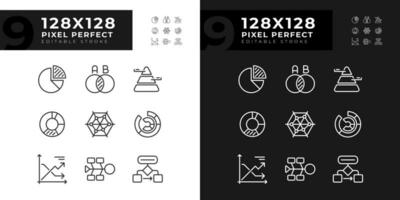 Diagramm und Diagramm linear Symbole einstellen zum dunkel, Licht Modus. Daten Anzeige. Geschäft Statistiken. Projekt Management. dünn Linie Symbole zum Nacht, Tag Thema. isoliert Illustrationen. editierbar Schlaganfall vektor