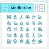 Pixel perfekt Blau Symbole einstellen Darstellen Meditation, editierbar dünn Linie Wellness Illustration. vektor