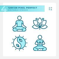 2d Pixel perfekt Blau Symbole einstellen Darstellen Meditation, editierbar dünn Linie Wellness Illustration. vektor