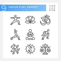 Pixel perfekt schwarz Symbole Darstellen Meditation, editierbar dünn Linie Wellness Illustration Satz. vektor