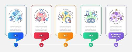 2d Verhalten Therapie Vektor Infografiken Vorlage mit Mehrfarbig Linie Symbole, Daten Visualisierung mit 5 Schritte, Prozess Zeitleiste Diagramm.