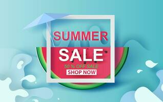 Illustration von Sommer- Verkauf Banner mit Wassermelone. Besondere Angebot kreativ Design Papier Schnitt und Kunst Stil zum Karte und Poster bunt. Urlaub tropisch konzept.vektor Illustration vektor