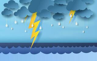 illustration av marinmålning se med svart moln och gul belysning på blå himmel.regnig säsong i hav med storm blixt, 3d papper konst och hantverk stil. vektor pastell Färg affisch, webbplats för skriva ut.