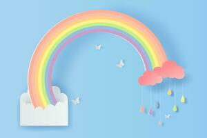 illustration av vit kuvert med klöver och regnbåge på moln himmel färgrik pastell inbjudan.fjäril flyga i luft. kreativ design papper hantverk och skära origami stil. enkel minimalistisk färg.vektor vektor