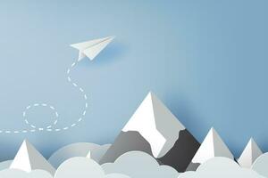 Illustration von Geschäft Erfolg Konzept, Origami Papier Weiß Flugzeug fliegend auf Himmel zwischen Wolke und Berg. schön natürlich landschaft.kreativ Design Idee. Führung.Zielflugzeug.Vektor eps10 vektor