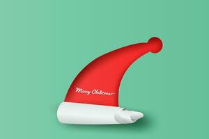 glad jul och Lycklig ny år typografisk på röd bakgrund. santa claus hatt med rulla upp papper.vintage calligraphic minimal affisch och kort design för semester.papper konst och craft.vector. eps10 vektor