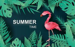 Verkauf Sommer- Banner mit Flamingo auf tropisch exotisch Hintergrund, minimal einfach Design zum Poster, Flyer, Einladung, Karte, Web site.creative Design Papier Schnitt Stil, grün Urwald Vektor Illustration eps10