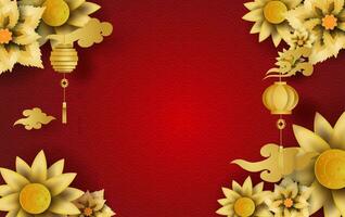 glücklich Chinesisch Neu Jahr von das Blume blühen golden Zeichen Design zum traditionell Festival Schöne Grüße Karte, Papier Schnitt und Kunst Stil Szene Platz Ihre Text Hintergrund konzept.vektor Illustration vektor