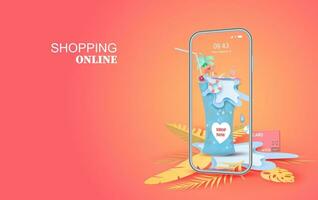 Sommer- Vorderseite Smartphone Verkauf Banner Einkaufen online.kreativ Papier Schnitt und Kunst style.mobile Telefon Markt shop.holiday tropisch Besondere Jahreszeit trinken Wasser Konzept zum text.vektor Illustration eps10 vektor