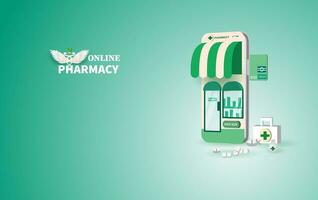 Drogerie online.pillen Kaufen online mit das Smartphone Konzept. Gesundheitswesen online Apotheke Gerät Bildschirm mobile.medizin einstellen Flasche von Tabletten zu Patientenpapier Kunst und Kunst Stil Vektor Illustration