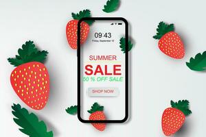 Papier Kunst und Kunst Stil von Sommer- Verkauf Banner mit Erdbeere.Smartphone Einkaufen online Konzept Besondere Angebot.Urlaub Jahreszeit Beförderung Dekoration Raum Werbung Vektor Illustration