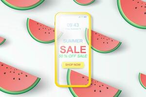 papper konst och hantverk stil av sommar försäljning baner med vattenmelon.smartphone handla uppkopplad begrepp särskild erbjuder.semester säsong befordran dekoration Plats reklam vektor illustration eps10