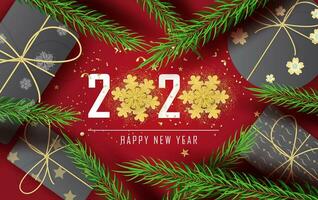 topp se glad jul träd tall och ny år horisontell banner.red tona bakgrund med realistisk guld snöflingor och gnistrande ljus girlanger.gåva låda black.graphic ram Plats vektor illustration