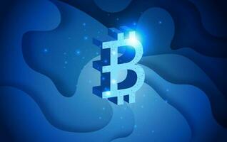 Bitcoin konzeptionelle Hintergrund mit Blau elektrisch Beleuchtung auf abstrakt gestalten Kurve. Bitcoin futuristisch Sci-Fi Blockchain Technologie kreisförmig hud Hintergrund Digital. Kryptowährung Münzen fliegend mit Texte vektor