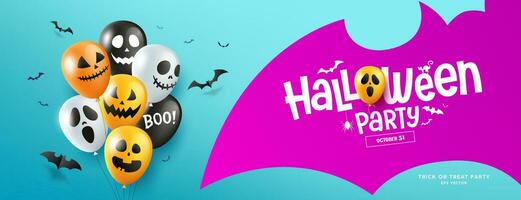 glücklich Halloween Party, Ballon bunt schick und Schläger fliegend Design auf Schläger gestalten lila Banner Blau Hintergrund, eps 10 Vektor Illustration