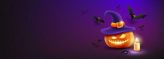 glücklich Halloween, Kürbisse tragen ein lila Hut, Kerze und Spinne, Schläger fliegend, Banner Design auf lila Hintergrund, eps 10 Vektor Illustration