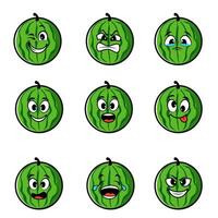 jordgubb karaktär med rolig ansikte. Lycklig söt tecknad serie vattenmelon emoji uppsättning vektor