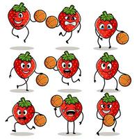 Vektor Illustration einstellen bündeln von süß Wassermelone Obst Sport oder Charakter abspielen Korb Ball. süß Wassermelone Obst Konzept Weiß isoliert