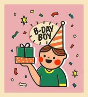 Lycklig födelsedag kort med tecknad serie pojke innehav en gåva illustration på rosa bakgrund. klistermärke stil hälsning kort i retro stil. söt vykort för barn eller design för din varumärke. vektor