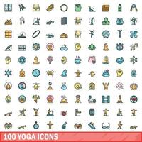 100 yoga ikoner uppsättning, Färg linje stil vektor