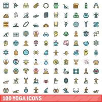 100 Yoga Symbole Satz, Farbe Linie Stil vektor