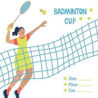 singlar i badmintonspel. sportaffisch med ett nät och en spelare. vektor
