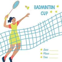 Einzel-Badminton-Spiel. Sportplakat mit einem Netz und einem Spieler. vektor