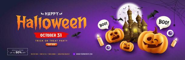 Lycklig halloween försäljning, pumpa slott, ljus och fladdermus mån-natt baner design på lila bakgrund, eps 10 vektor illustration