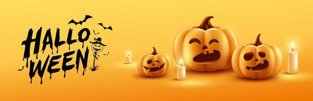 glücklich Halloween Botschaft schwarz Farbe, Gelb Kürbisse und Kerze auf Gelb Banner Design Hintergrund, eps 10 Vektor Illustration
