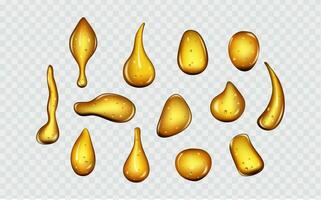 uppsättning av flytande gyllene droppar av vatten, honung eller olja. kollagen kosmetisk väsen. organisk serum eller argan bubblor. faller bensin gul liten droppe. vektor