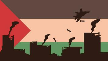 palästinensisch Konflikt Vektor Illustration. Hintergrund von Palästina Flagge mit zerstört Stadt und Antenne Bombardierung. Landschaft Illustration von Krieg zum Sozial Themen, Nachricht, Invasion und Terrorismus