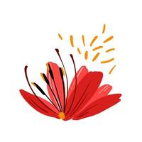 schön rot Farbe Blume mit fliegend Pollen Staubblätter nahe. Vektor einfach hell Farbe botanisch Element zum Dekoration. Blumen- Design.