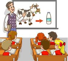 vektor illustration av lärare och studenter undervisning klassrumsbildning av mjölk från ko