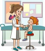 Kinderarzt Prüfung ein wenig Mädchen mit Stethoskop. Vektor Illustration.