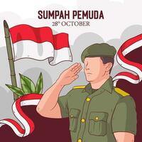 Vektor Hand gezeichnet Illustration zum indonesisch sumpa Pemuda. Illustration von Soldaten salutieren