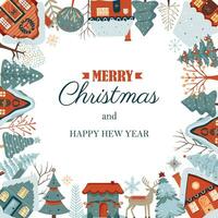 fyrkant vinter- kort, jul ram med text, scandi hus, snöig träd. ny år, vinter- prydnad, affisch vektor
