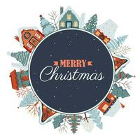Weihnachten Karte, Rahmen mit Scandi Häuser, Bäume. Winter Konzept. Neu Jahr Ornament Poster vektor